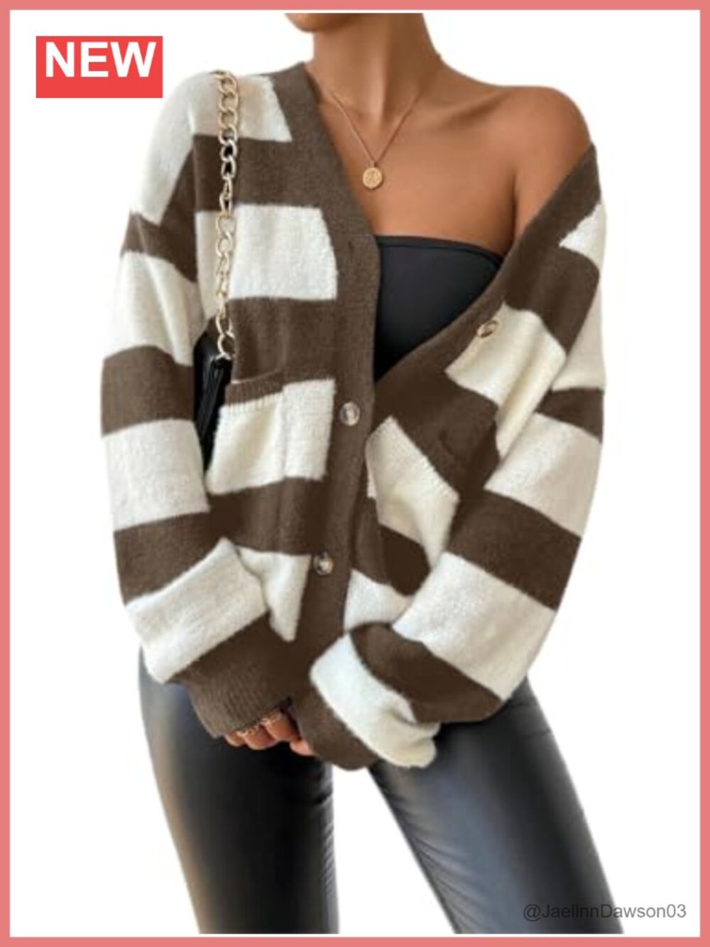 Chunky Knit Button Up Cardigan with Pockets Striped V-Neck Long Sleeve